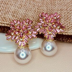Anthropologie Elegant Pink and Gold Floral Pearl Statement Earrings